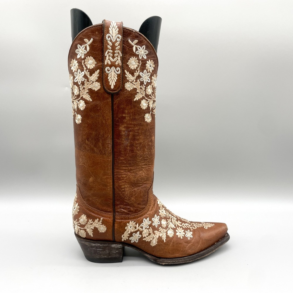 Cavenders Womens 6.5B Cowboy Boots Brown Leather Floral Coastal Cowgirl Cottege